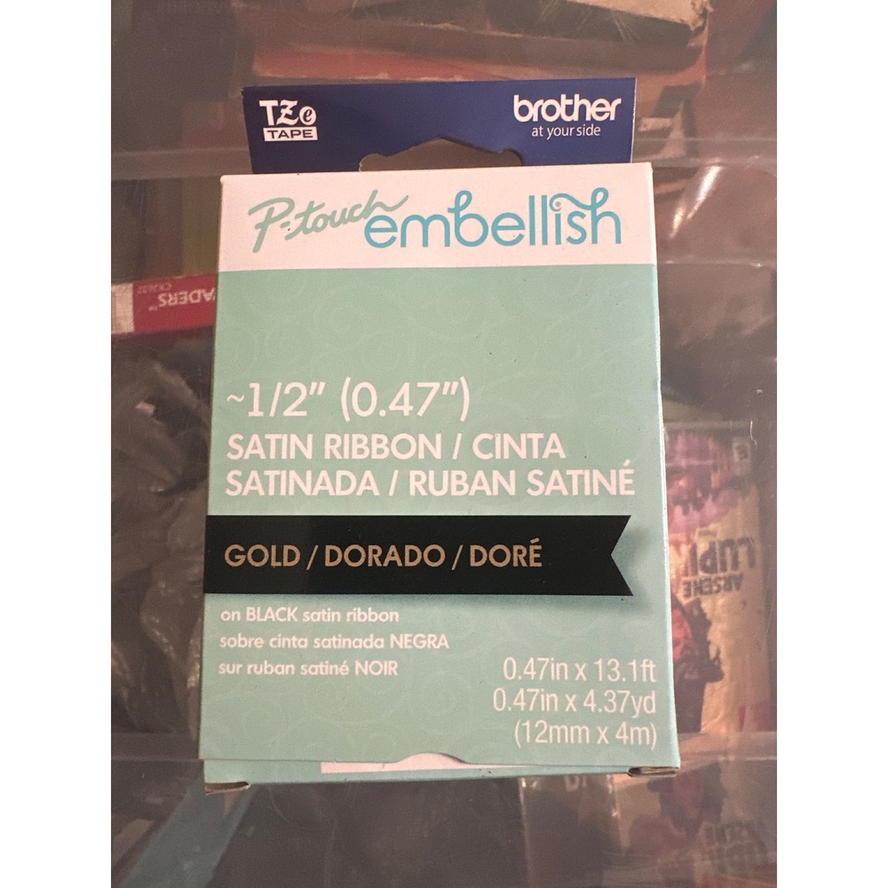 Brother P-Touch Embellish Satin Ribbon Gold on Black 1/2" TZe-R234 12mm x 4m
